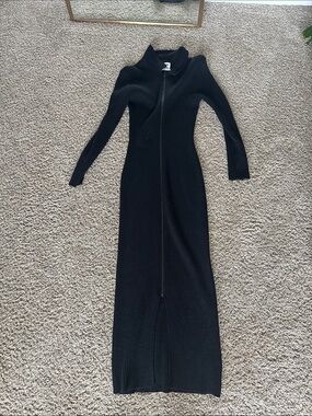 Margaret O'Leary Long Black Ribbed Zip-Front Maxi Dress